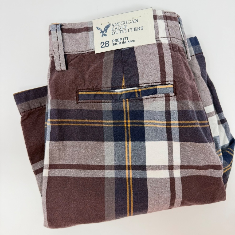 American Eagle Outfitters Prep Fit Plaid Shorts Men's 28 Brown White Blue NEW